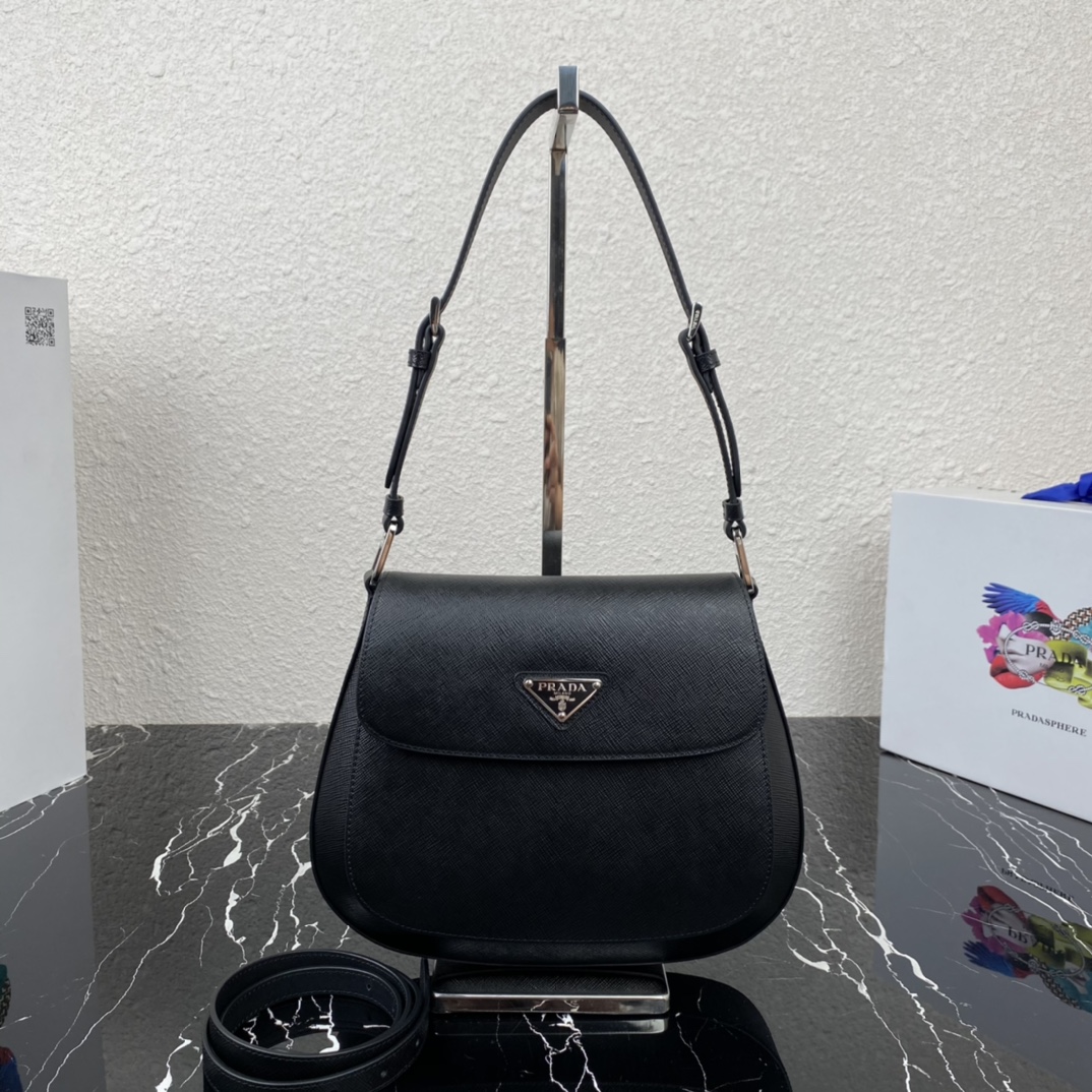 Prada Cleo Brushed Leather Shoulder Bag With Flap Black 1BD303